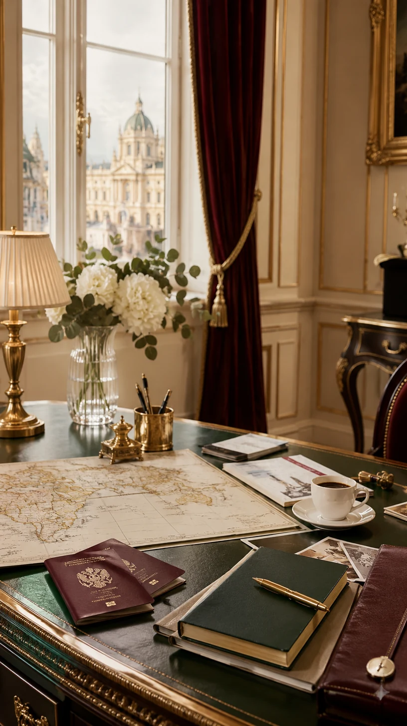 Eleganter Concierge-Schreibtisch mit Weltkarte, Reisepässen und goldenen Details