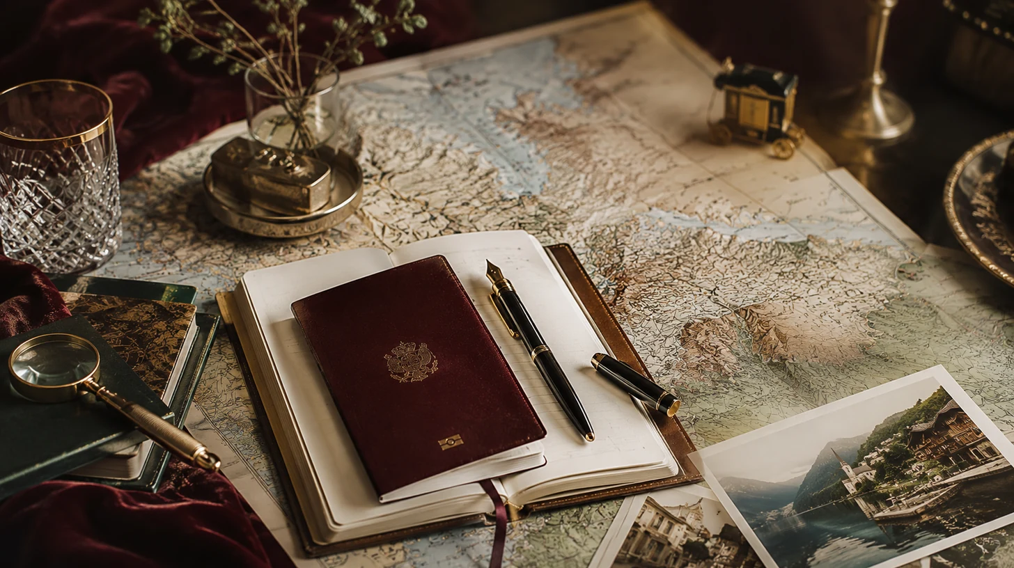 Eleganter Reisetisch mit Karten, Notizen und goldenen Details