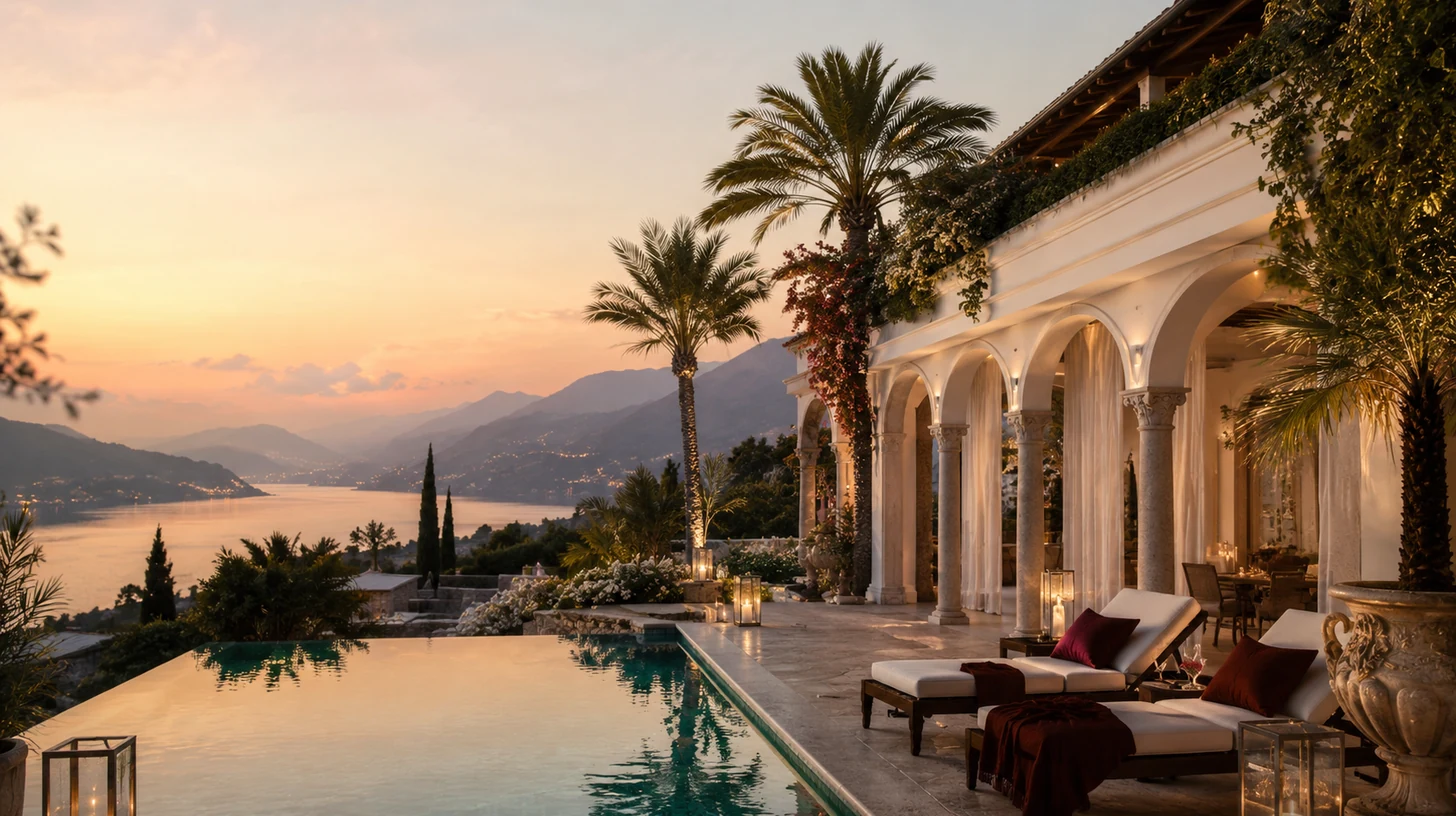 Private Villa mit Pool, Palmen und ruhiger Abendstimmung